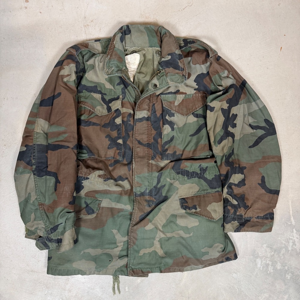 US Military 80s M-65 Field Jacket Woodland Camo Cold Weather Coat Small Regular